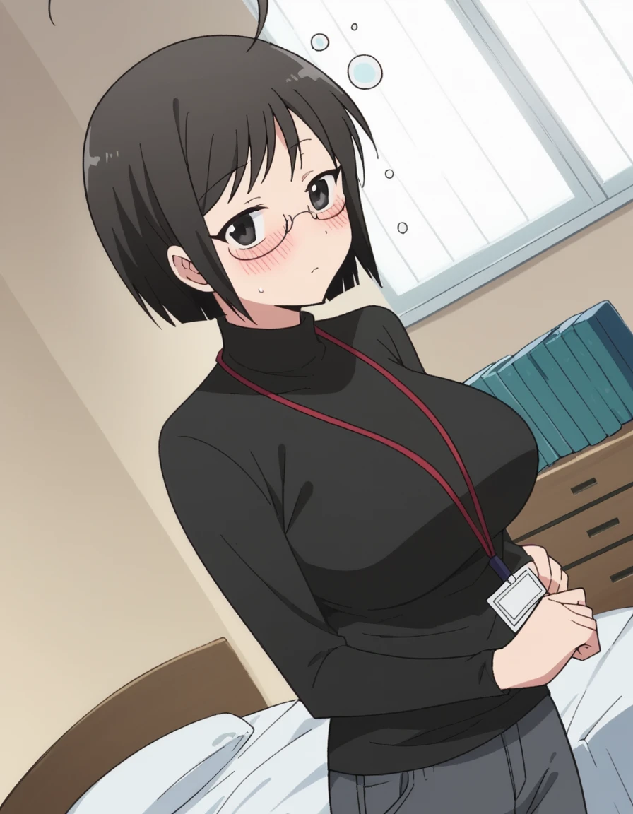 score_9, score_8_up, score_7_up, source_anime, <lora:lucy-yamagami-s1-ponyxl-lora-nochekaiser:1>, lucy yamagami, short hair, black hair, black eyes, ahoge, glasses, large breasts,, pants, sweater, turtleneck, id card, lanyard,, indoors, bed, bed room, on side, blush, drunk, looking at viewer, solo,, cowboy shot, dutch angle