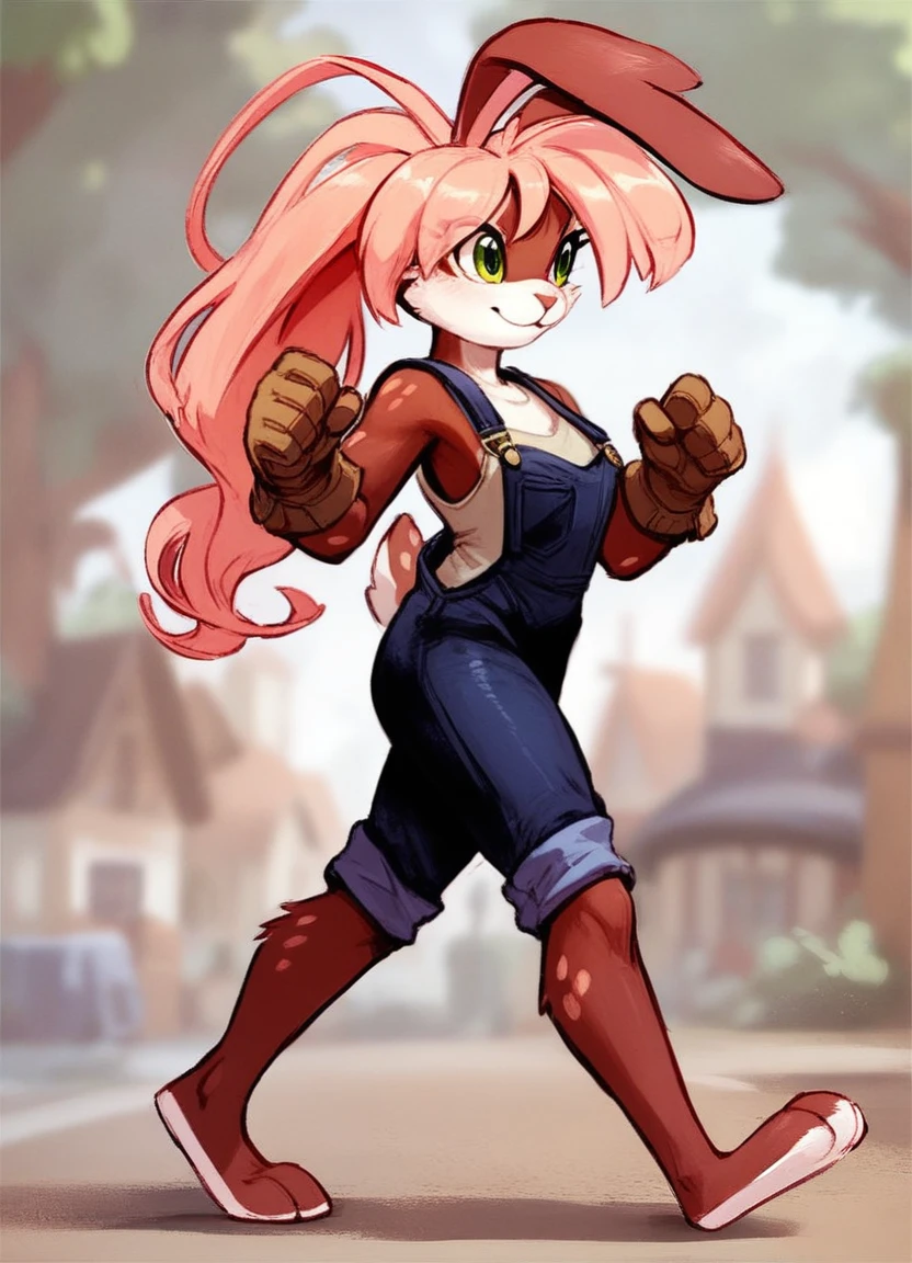 score_9, score_8_up, score_7_up, score_6_up, 1girl, solo, ((h4l3y, anthro, female, rabbit, lop ears, green eyes, pink hair)), running, side view, full body portrait, overalls, shirt, gloves, ((village background)) <lora:Haley_Elysian_Tail_for_Pony>