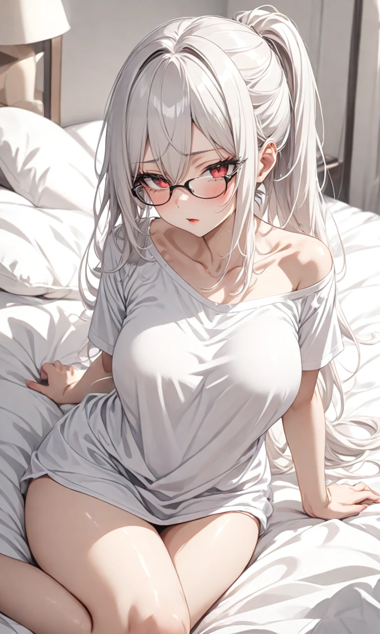 1girl, Asutora-chan, white hair, blue eyes, glasses, ponytail