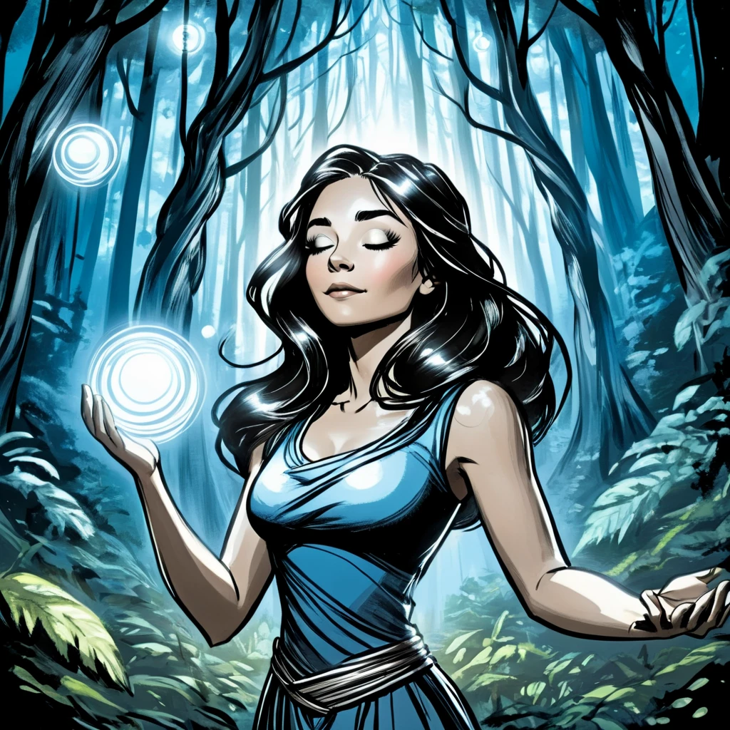 <lora:Azure_Sketch_Illustration:1>  ArsMJStyle, AzureSketch, Mystic Forest, A woman with dark hair stands in a forest surrounded by glowing orbs. Her eyes are closed, hands lightly touching, deep in meditation.1girl, solo, long hair, dark hair, glowing orbs, forest, ancient trees, meditation, nature, mystical, serene