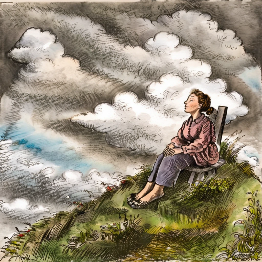 ALobelStyle illustration,woman seated, outdoors, grass, clouds <lora:ALobelStyle:1>