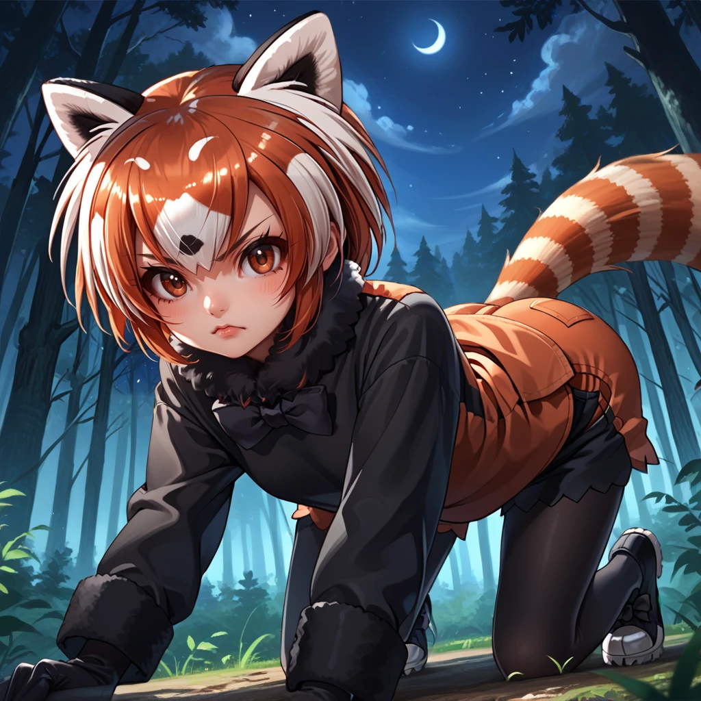 1girl,solo,<lora:rp:1>,red panda \(kemono friends\),red panda hair,red panda ears,brown eyes,red panda tail,black shirt,long sleeves,fur collar,black bowtie,fur cuffs,black gloves,black shorts,black legwear,pantyhose under shorts,black footwear,footwear bow,
outdoors,forest,night,star \(sky\),
all fours,top-down bottom-up,looking at viewer,angry,growling,ready to pounce,tail raised,, score_9, score_8_up, score_7_up, perfect anatomy, source_anime,