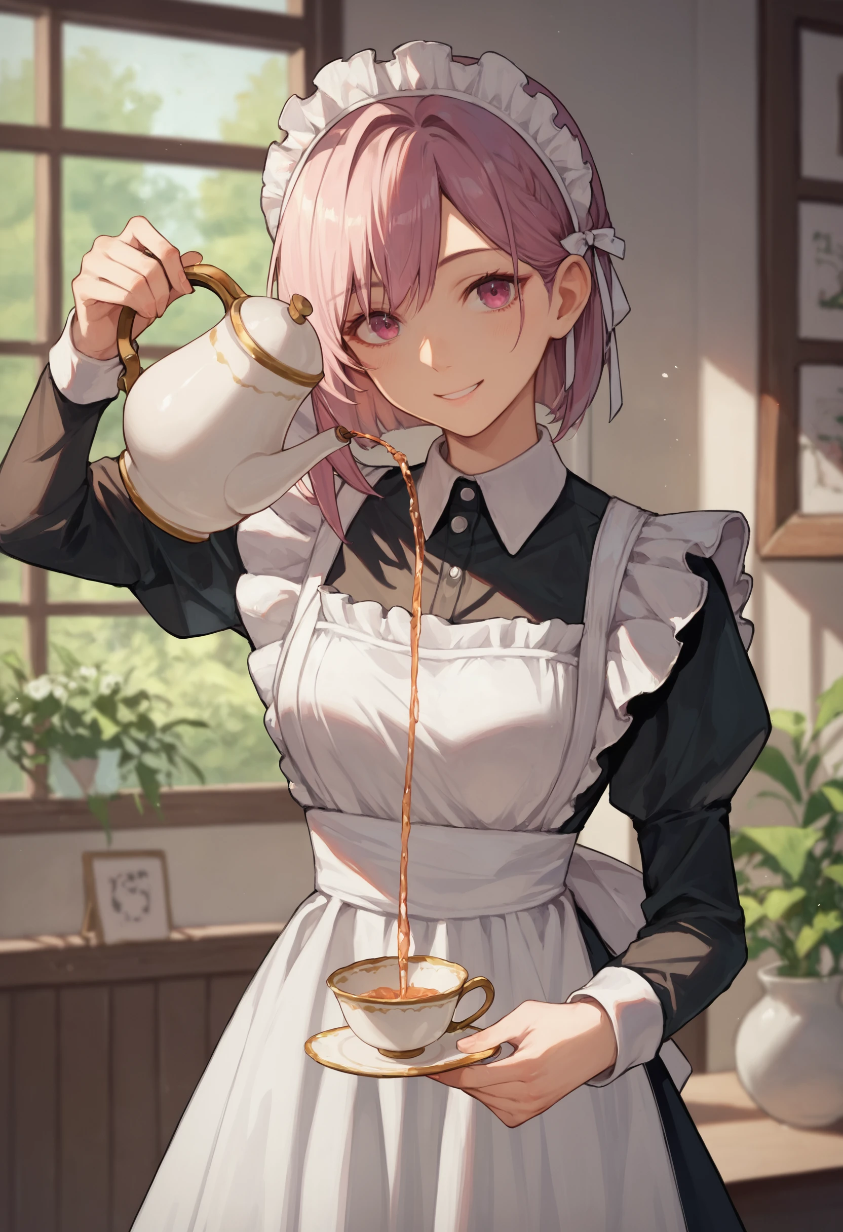 score_9, score_8_up, score_7_up, 1girl, pouring, holding cup, holding teapot, maid headdress, maid apron, looking at viewer, smile
<lora:holding_teapot_pouring_3_final_d32:1>