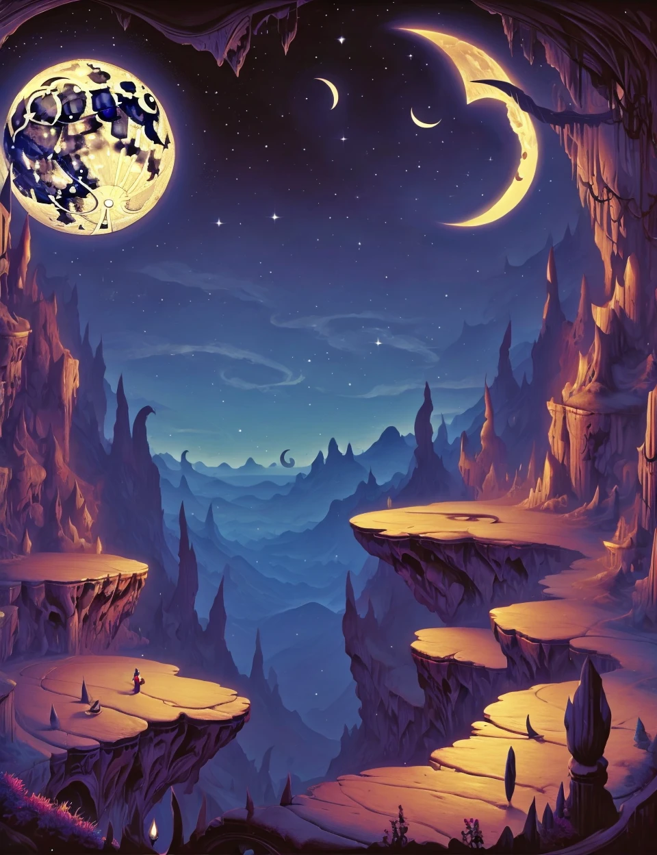DonM7w1573dW0nd3rl4nd, canyon, crescent moon, <lora:DonM7w1573dW0nd3rl4nd-000008:1>