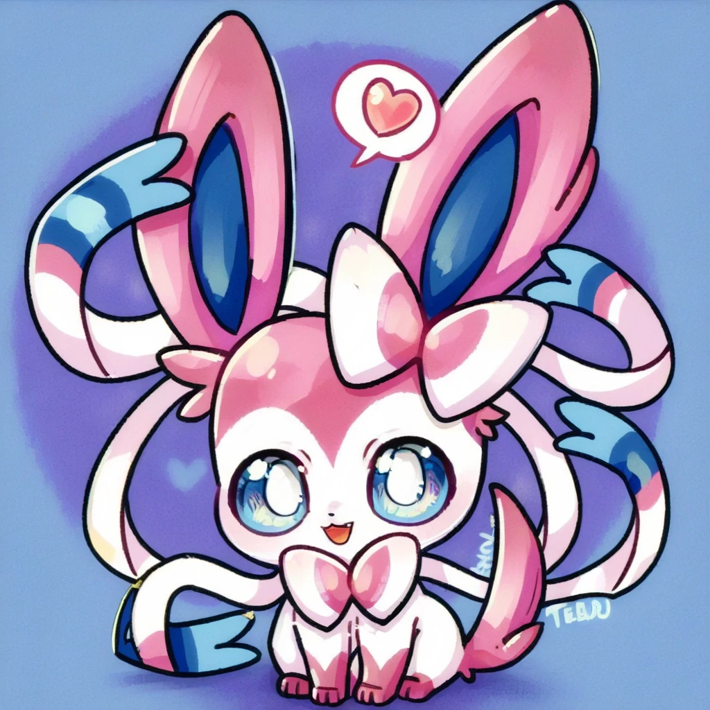 SYLV30N, white body, pink paws, pink tail, pink ears, long ears, blue inner ears, ribbon, bow, ribbon-like feelers, quadraped, light blue eyes, colored sclera, chibi, sitting, smile, open mouth, spoken heart, facing viewer, looking at viewer, head tilt