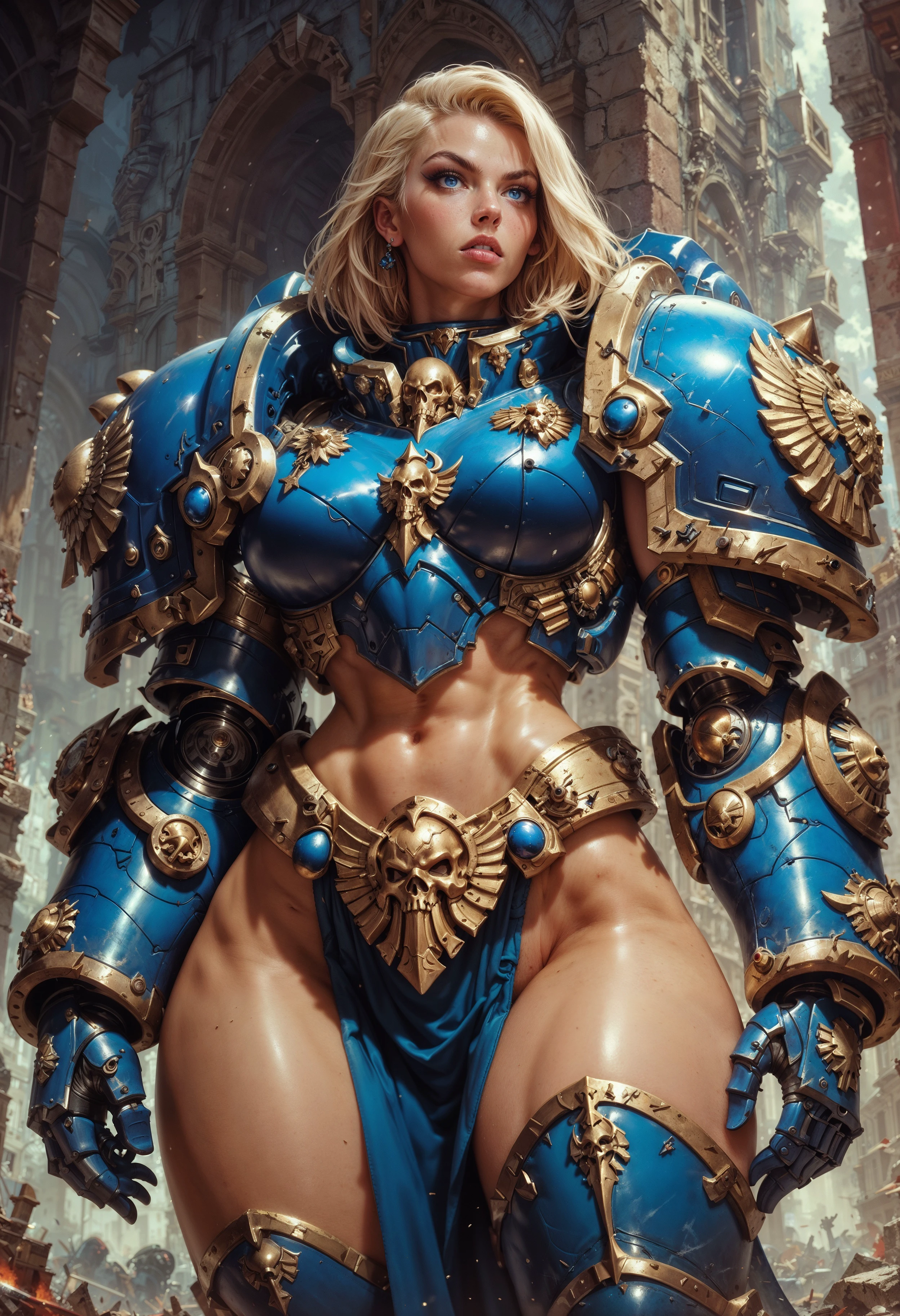 (score_9, score_8_up), score_7_up,  <lora:UltraM40k:0.8> UltraM40k, 1girl, blonde hair, power armor, midriff, pelvic curtain, thighs,