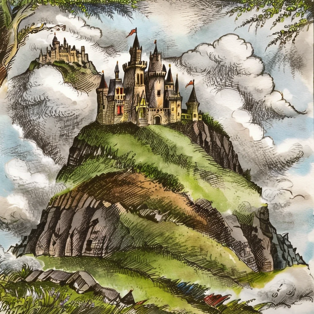 ALobelStyle illustration, castle, clouds, grass, mountains, trees <lora:ALobelStyle:1>