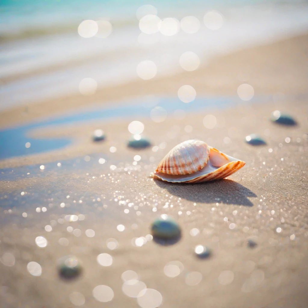 raw photography,film grain, film photography,8k,nostargic,[green tone:0.8], [lot of white stone:(beautiful shellfish):0.1], buried in sand, glossy, sand of beach background,(blue:0.3) background,stone,(puddle:1.2),reflection,blurry background, ocean wave, beach, bokeh, <lora:Ring_Bokeh:0.5>