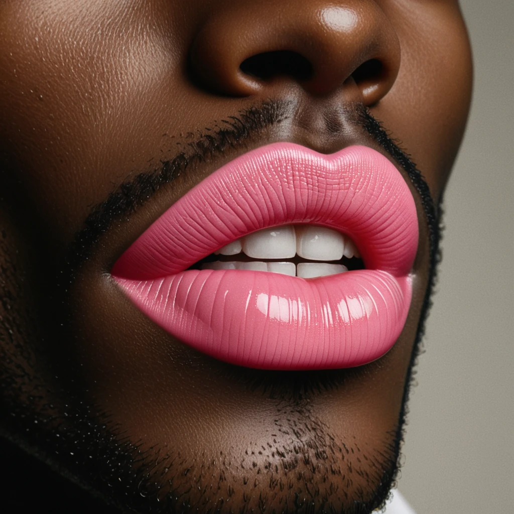 cinematic film still, close up, a mouth of a black man with ((candy pink lipstick only on lips)), beautiful white shiny teeth, ((without beard, without moustache, no beard, no moustache)), high fashion editorial, amazing quality, wallpaper, perfect face skin, photo, realistic, photorealism, hyperrealist, full and well-defined lips, glossy finish, luxurious and glamorous appearance, simple and neutral background