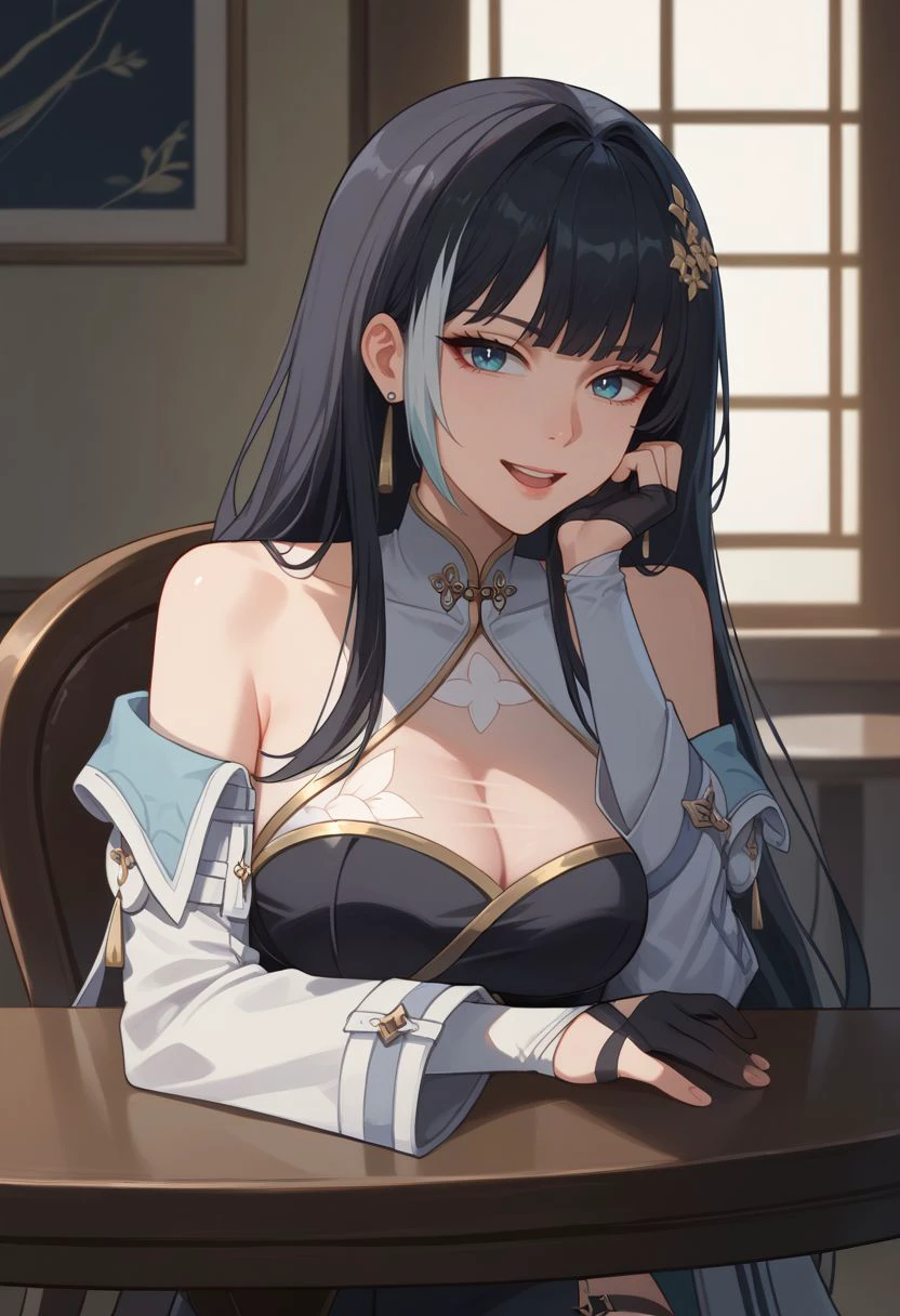 score_9, score_8_up, score_7_up, source_anime, 1girl, baizhidef, blue eyes, black hair, long hair, streaked hair, hair ornament, earrings, jewelry, bare shoulders, detached sleeves, long sleeves, black dress, cleavage cutout, white jacket, off shoulder, chinese clothes, black gloves, fingerless gloves, thigh strap, sitting, on chair, table, (head rest), smile, open mouth, looking at viewer, indoors, portrait, close-up, upper body, facing viewer, <lora:Baizhi_v1-000010:1>