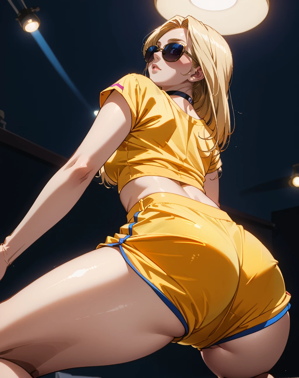 score_9, score_8_up, score_7_up BREAK source_anime,1girl,solo, anime screencap,butt,
edgbootyshake, shirt, ass, shorts, from behind,  pants, from below,dim lights,squat,
<lora:edgBootyShakeShortsPony:0.8>
 <lora:edgNadiaPony:0.85> nadia, sunglasses, choker,