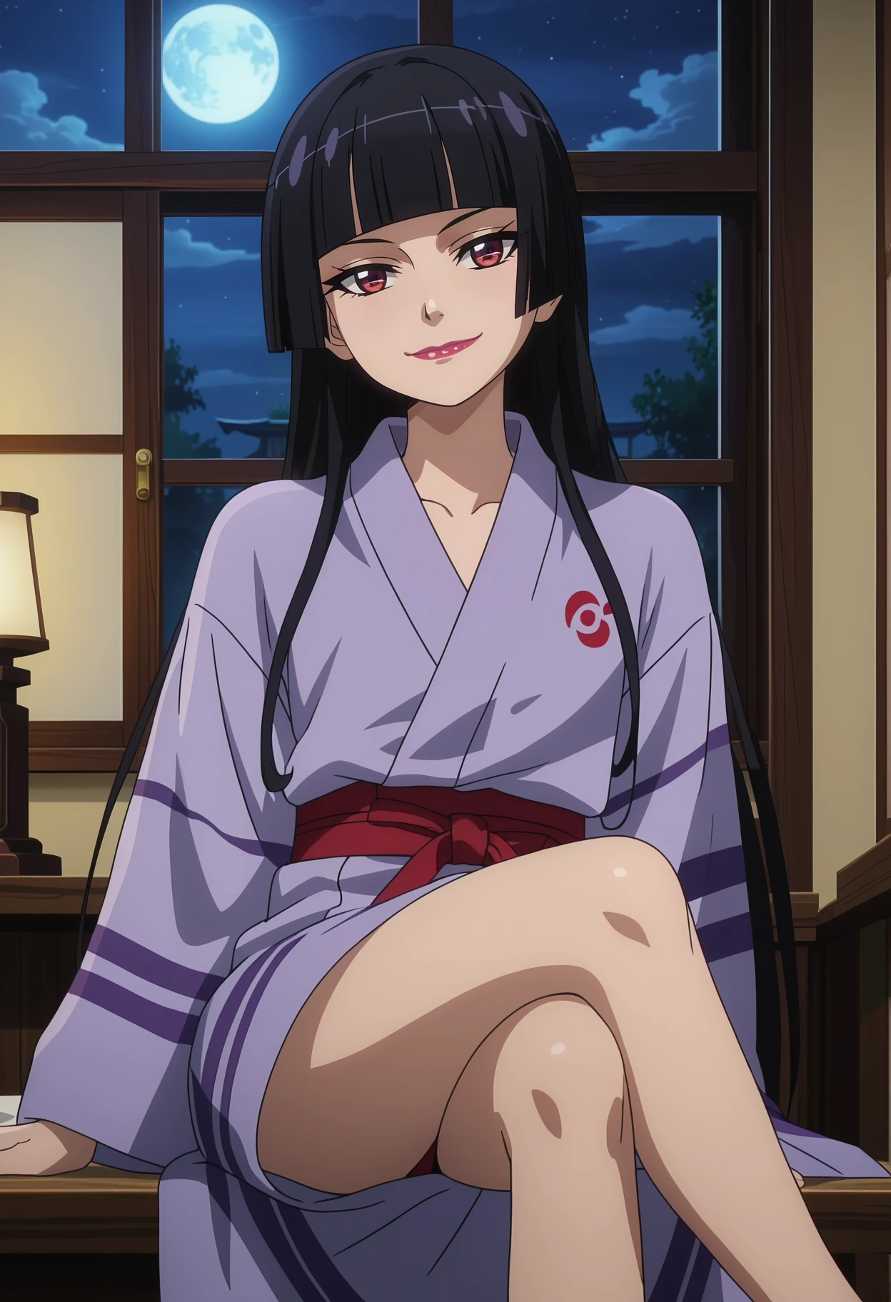 score_7_up, anime screencap,
<lora:GATE_RoryMercuryXL:0.9>, RoryMercury,
1girl, solo, closed mouth, light smile,
long hair, black hair, red eyes, hime cut, blunt bangs, lipstick,
yukata, purple kimono,
sitting, crossed legs, looking at viewer, 
indoors, window, night, moon