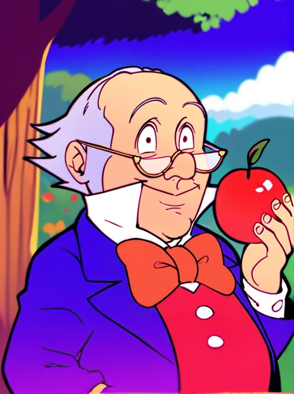 ghibli,score_8_up, score_7_up, source_manga, rating_safe,  DrSnu99l3s, elderly male, plump, grey hair, balding, glasses, smile expression, bowtie, red vest, blue jacket with white collar, (profiles:0.4), outdoors, holding an apple, trippy <lora:Dr_Snuggles_-_TV_show_1979_-_Pony:0.8>,  <lora:Ghibli2XLP:0.2>