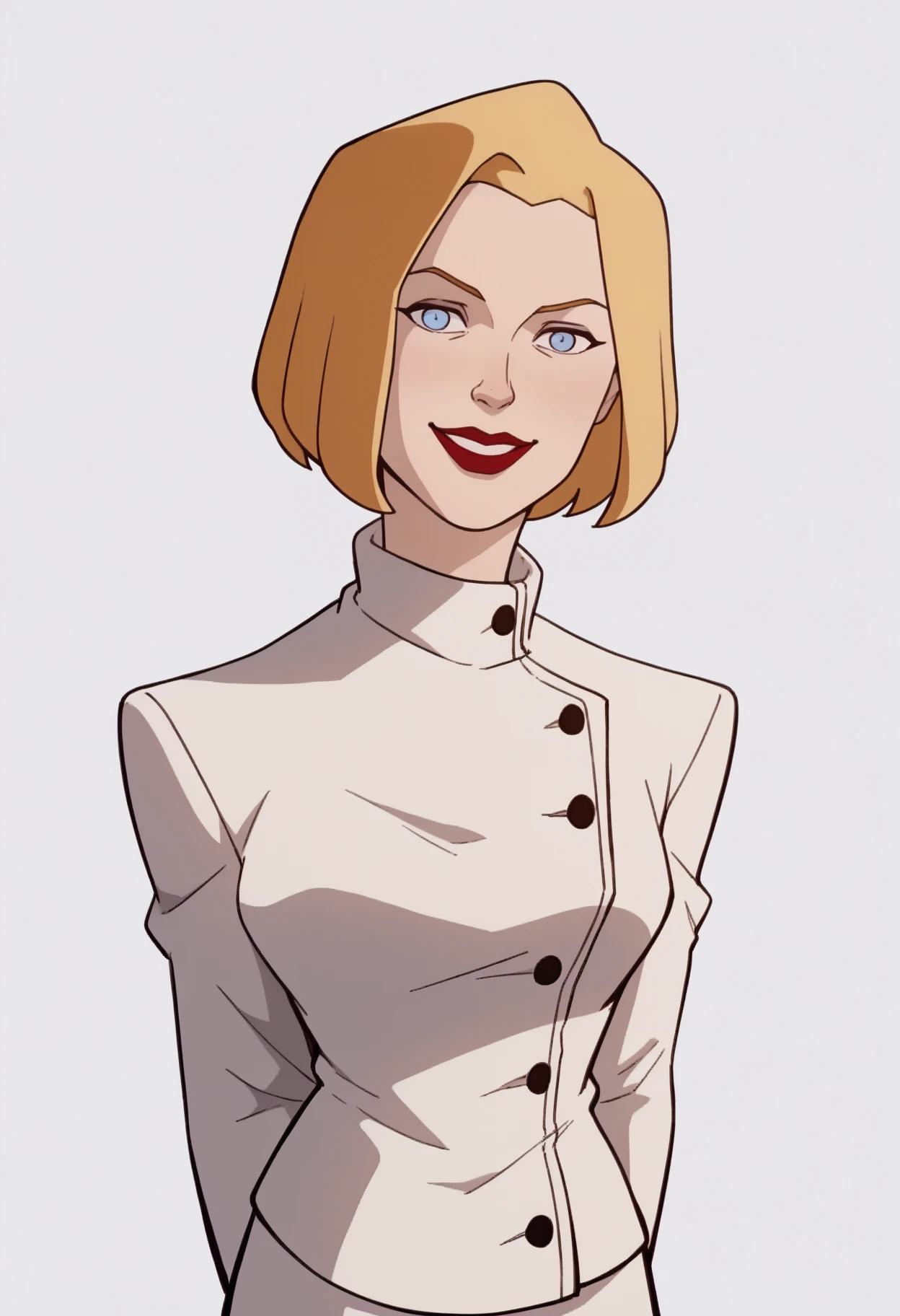 score_9, score_8_up, score_7_up, score_6_up, score_5_up, score_4_up, BREAK,
1girl, agentl, blonde hair, short hair, blue eyes, red lips, makeup,
white coat, white skirt, 
arms behind back, upper body, smile, looking at viewer, solo, simple background, white background  <lora:AgentLXL:1>