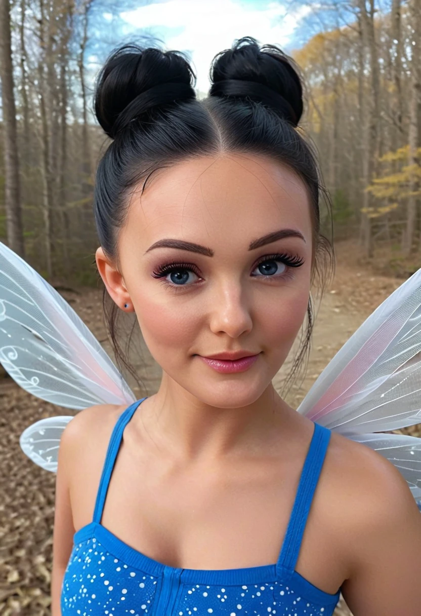 1girl, wearing shirt, outdoors, fairy wings, smile, pink eyeshadow, eyeliner, makeup, long hair, black hair, blue eyes, 8k, extremely detailed face