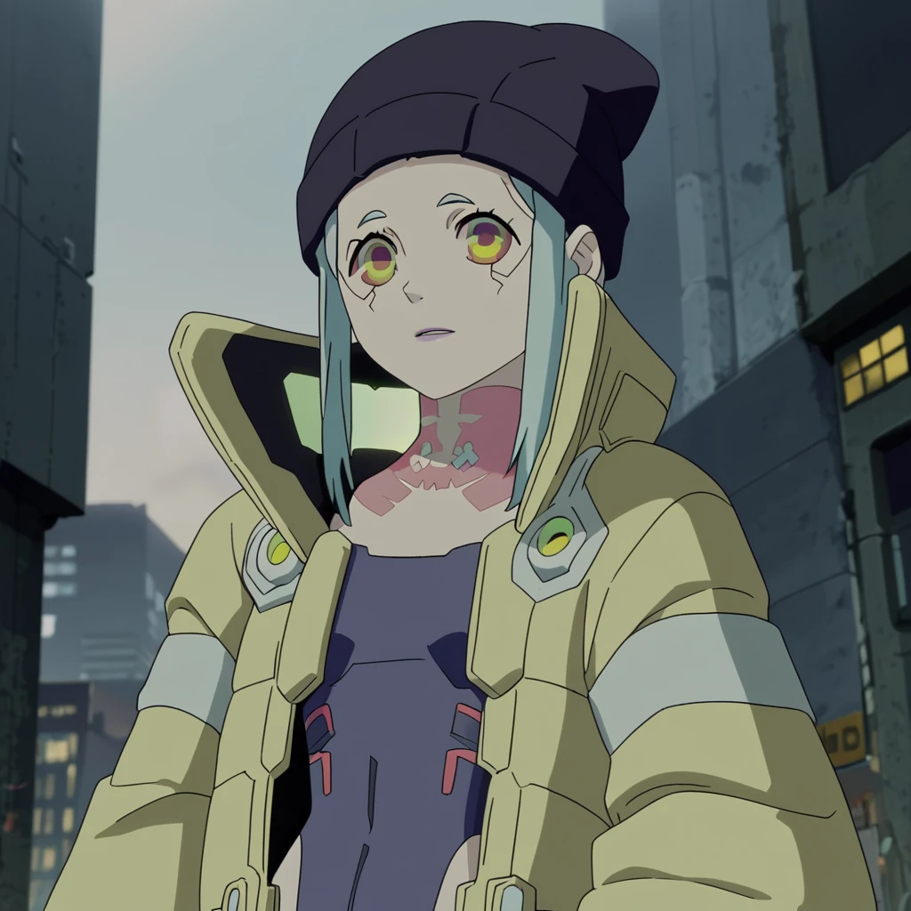 score_9, score_8_up, score_7_up,  BREAK source_anime,
 ,<lora:cyberpunk_edgerunners_style_pony_r1:0.8>,
cyberpunk, thin waist,ultra-detailed, masterpiece, high quality, cyberpunk city background, blue hair, brown eyes, beanie, choker, tattos,