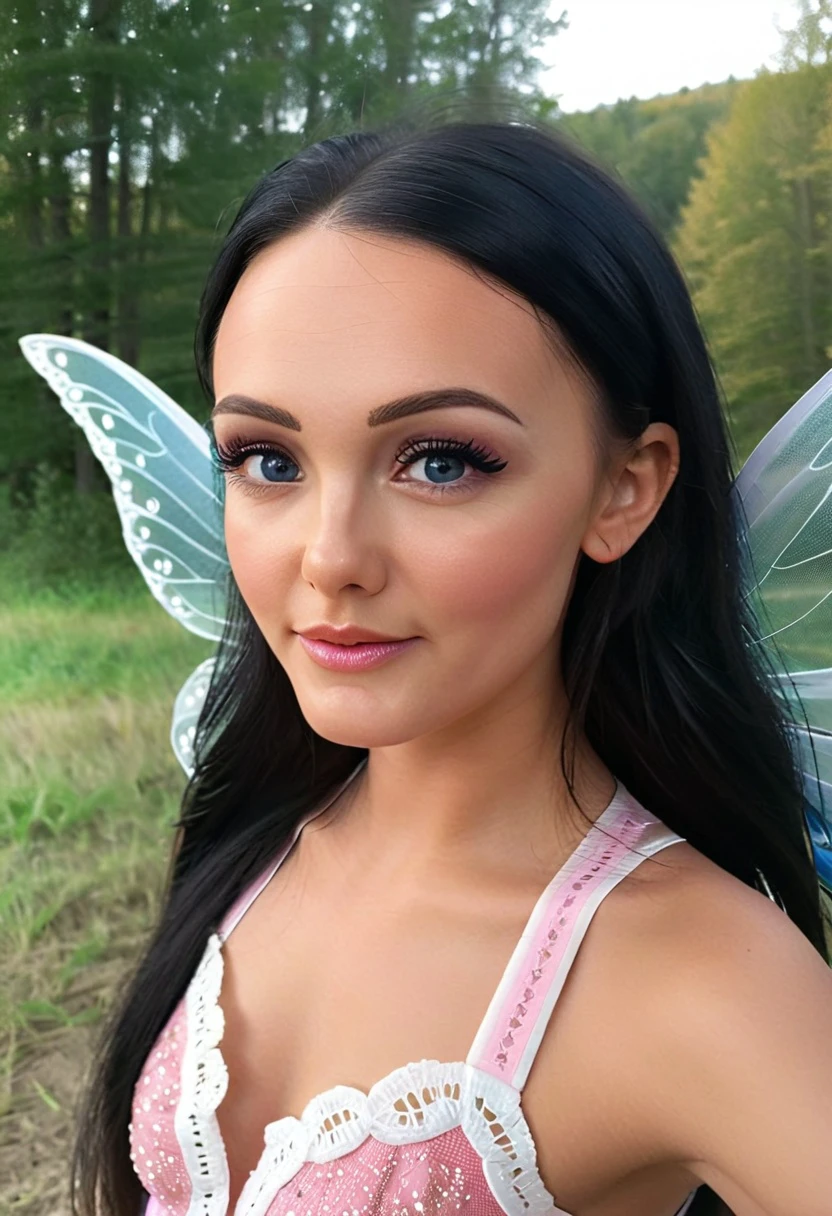 	1girl, wearing shirt, outdoors, fairy wings, smile, pink eyeshadow, eyeliner, makeup, long hair, black hair, blue eyes, 8k, extremely detailed face