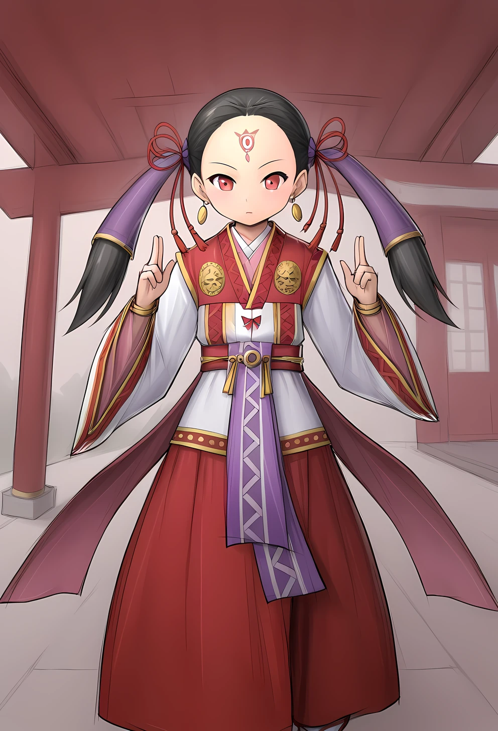 YGO, Himi, black hair, red eyes, earrings, facial mark, forehead mark, hair ornament, twintails, long hair, Japanese clothes, jewelry, long sleeves, wide sleeves, (on all four), shrine,