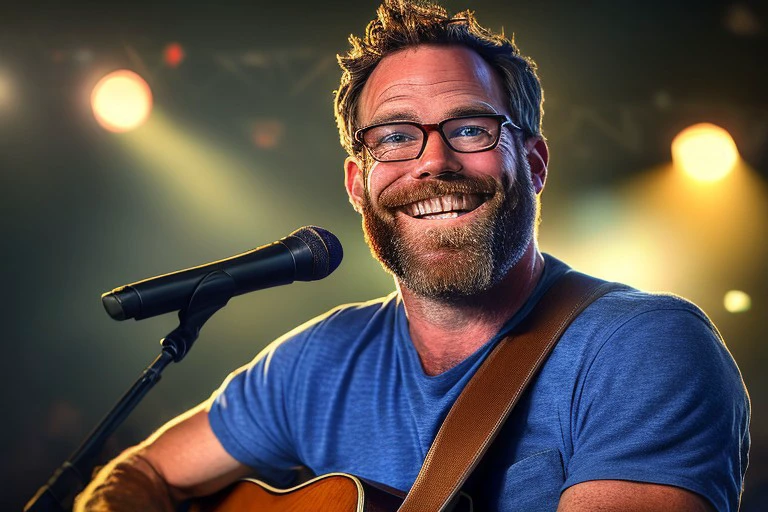 (masterpiece), best quality, expressive eyes, perfect face, 38-year old Southern White American male from West Virginia, thin but also low-key muscular, wearing glasses, with an unkempt beard and a goofy smile, singing on stage at a country music festival, soulfully singing while smiling at viewer