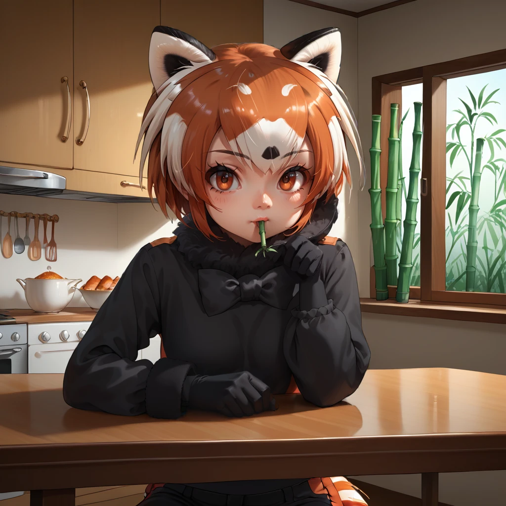 1girl,solo,<lora:rp:1>,red panda \(kemono friends\),red panda hair,red panda ears,brown eyes,red panda tail,black shirt,long sleeves,fur collar,black bowtie,fur cuffs,black gloves,black shorts,
indoors, kitchen, table, bamboo on table, sitting at table, holding bamboo, eating bamboo, looking at viewer, cowboy shot,, score_9, score_8_up, score_7_up, perfect anatomy, source_anime,