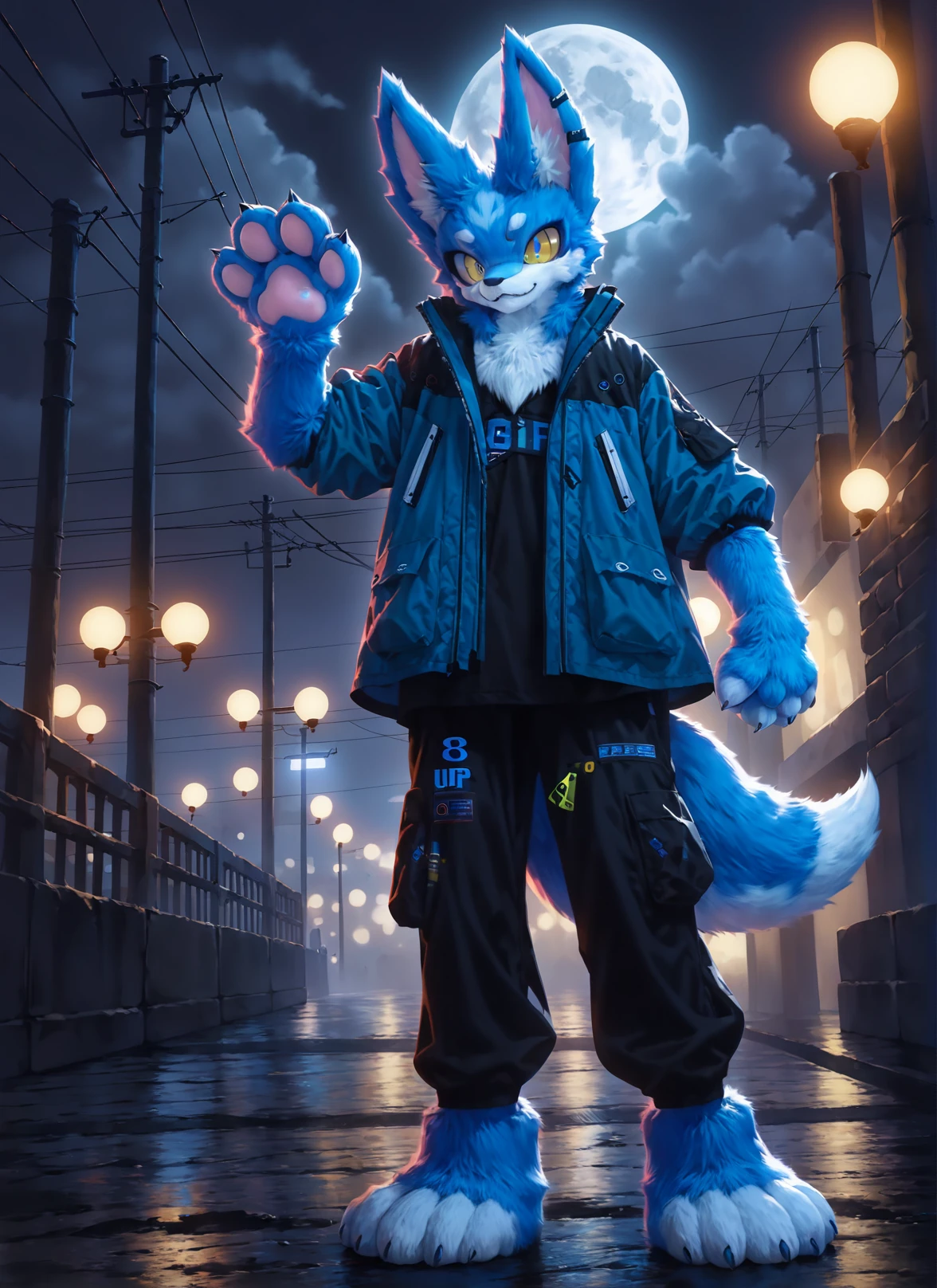 score_9,score_8_up,score_7_up,best quality,amazing quality,very aesthetic,absurdres,official art,intricate details,hyperdetailed,BRAKE,
(furry:1.05),solo,furry fox,furry male,blue and white fur,furry paws,wind jacket,black jeans,dark rainy night,street light,moon,furry ears,half fur suit,realistic,solo,full body,<lora:HalfFurSuitXLLora:0.85>,