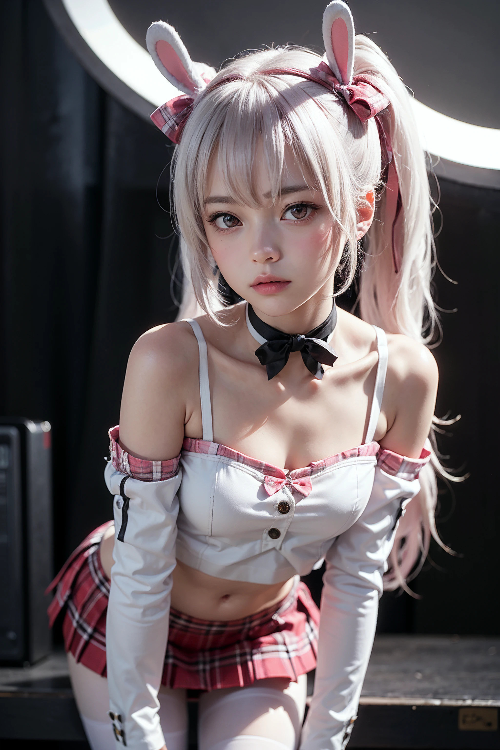 photorealistic,highres,absurdres,moody lighting,realistic skin texture,highly detailed face,highly detailed eyes,perfect lighting,ultra-detailed,shiny skin,
blush,petite,looking_at_viewer,
frown,pointing,leaning forward,looking at viewer,
<lora:laffey_(azur_lane)_v1:0.6>,ddlaffey,long hair,white pantyhose,plaid,midriff,plaid skirt,detached sleeves,navel,pleated skirt,collarbone,bare shoulders,crop top,ribbon choker,black choker,white shirt,pink skirt,black bow,