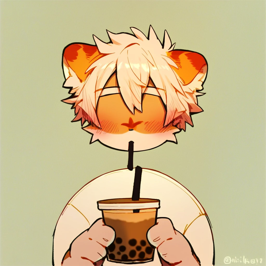 score_9, score_8_up, score_7_up, score_6_up, mikus-pfp, no eyes, simple background, milkytiger, tiger ears, tiger tail, blush, holding, bubble tea,