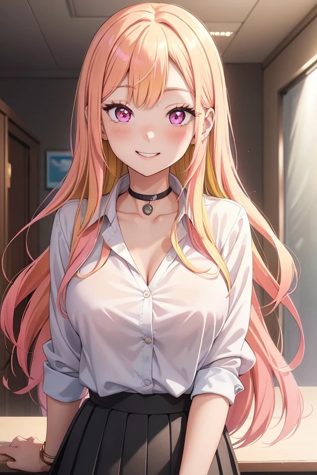 (MDUD_Marin_Kitagawa), 1girl, blonde hair, solo, long hair, looking at viewer, multicolored hair, bangs, gradient hair, blush, MDUD_Marin_Kitagawa, breasts, collarbone, large breasts, pink eyes, pink hair, smile, White shirt, black pleated skirt,