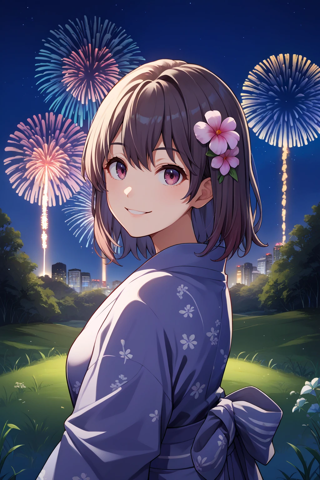 score_9, score_7_up, source_anime, from side, looking at viewer, smile, hrn, medium hair, yukata, hair flower, outdoors, night, grass, fireworks, skyline, <lora:Hoseki_Oregairu_HarunoYukinoshita_PDXL_v1:1>