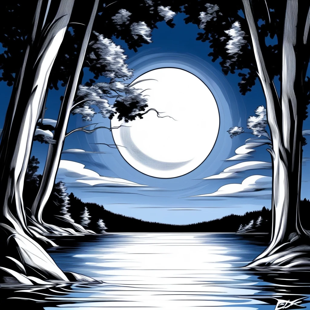 ArsMJStyle, AzureSketch, moonlit lake, A black and white drawing of a lake with a full moon in the background., tree, sky, no humans, cloud, nature, scenery, moon, outdoors, water, forest, blue theme, monochrome