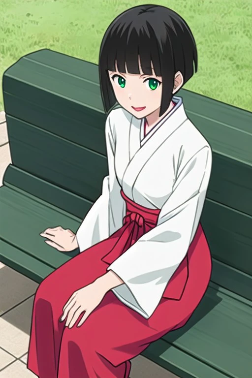 (1girl, solo), looking at viewer,mayu, tomone, black hair, blunt bangs, short hair, sidelocks, green eyes, japanese clothes, miko outfit, white top, red hakama,smile, sitting, bench, from above, lipstick