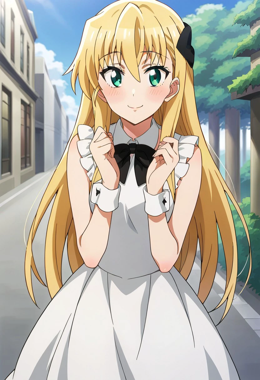 score_9, source_anime,tendou karen, long hair, blonde hair, green eyes, 1girl, solo, smile, dress, looking at viewer, bow, blush, hair bow, wrist cuffs, white dress, outdoors