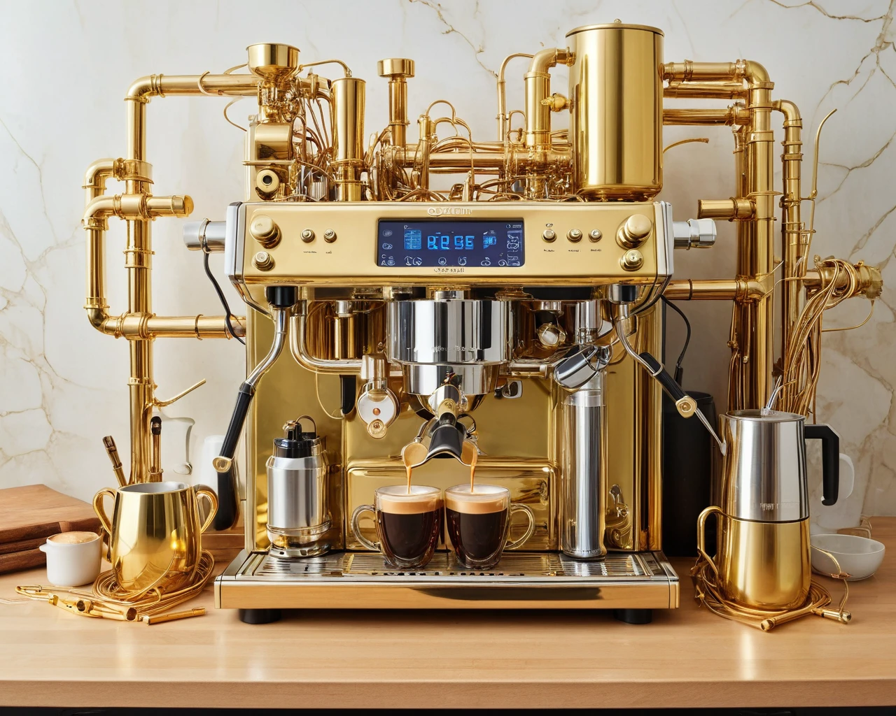 a raw photograph of a (qu4ntum style)(coffee maker on a kitchen counter),covered in (brass pipes) and (silver circuit wire),hyperrealistic,masterpiece,magazine advertisement,8K wallpaper,wide_shot,from_above,bokhe,depth of field<lora:Qu4ntumPunk_04XL-000007:0.8>