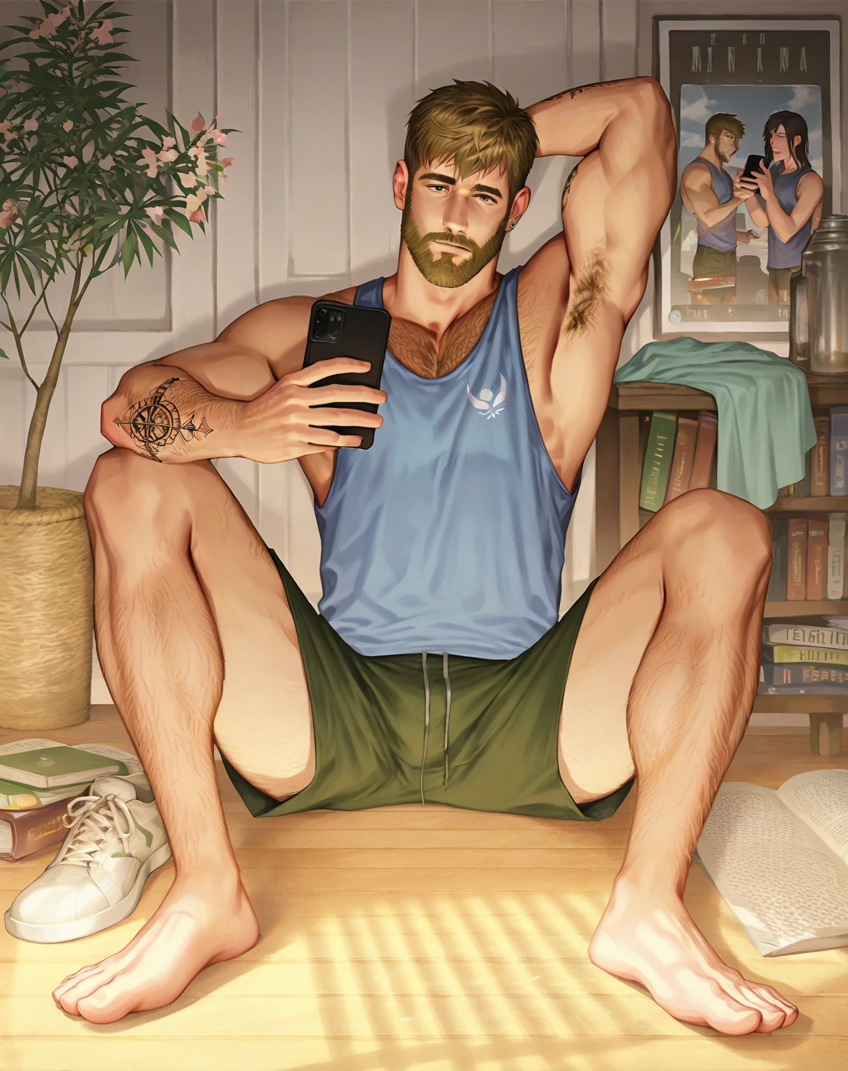 score_9, score_8, 1boy, solo, eddie, male focus, short hair, leg hair, beard, armpit hair, holding phone, holding, phone, tattoo, sitting, blue tank top, shorts, arm tattoo, barefoot, book, chest hair, thighs, 1arm behind head, realistic, best quality, best aesthetic, year 2023<lora:EMS-449567-EMS:0.750000>