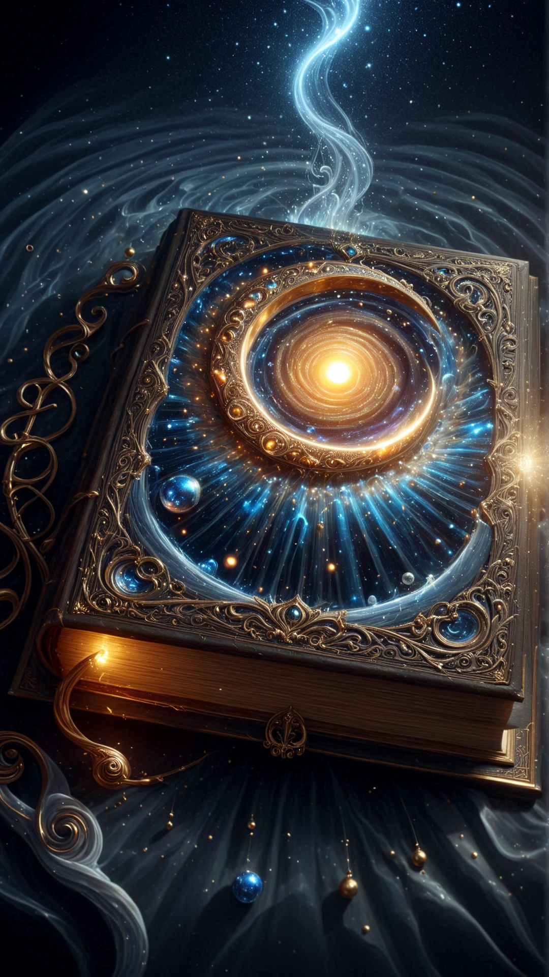 <lora:CosmicStyleSDXL:1.5>CosmicStyle (Fantasy illustration of an ancient book, golden letters, leather-bound, waterfall of light cascading onto it, dark background, violin playing music notes, glowing aura, magical atmosphere, ornate patterns, gems and jewels, crystal ball in the background, detailed, high-quality, intricate, dramatic lighting, illuminated manuscript, detailed brushwork, luxurious, enchanting, captivating, evocative, mysterious, dreamlike, exquisite, masterful, awe-inspiring, breathtaking, visually stunning, high-resolution, digital painting, concept art, artstation, wallpaper, promo art, splash art, illustration, epic, legendary, mythical, magical, supernatural, otherworldly, ethereal, surreal, imaginative, creative, inspiring, masterpiece, visual storytelling, emotional, thought-provoking, powerful, evocative, timeless, classic, iconic:0.5), see-through, transparent