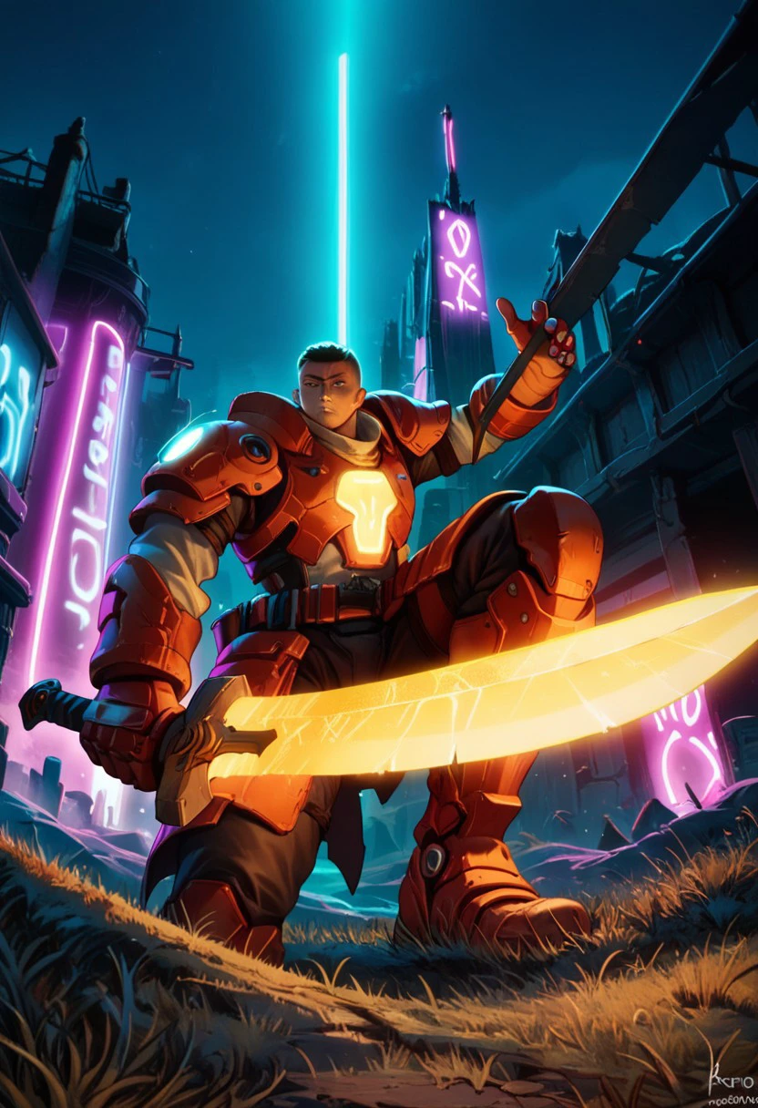 Score_7_up, score_8_up, score_9,((clos_pers)), closeup, perspective shot, 
BREAK,
 1boy, dynamic pose, futuristic armor, glowing SciFi sword, ((weapon focus)), object focus,   sword pointed towards viewer, 
Outdoors, battlefield, neon lighting,