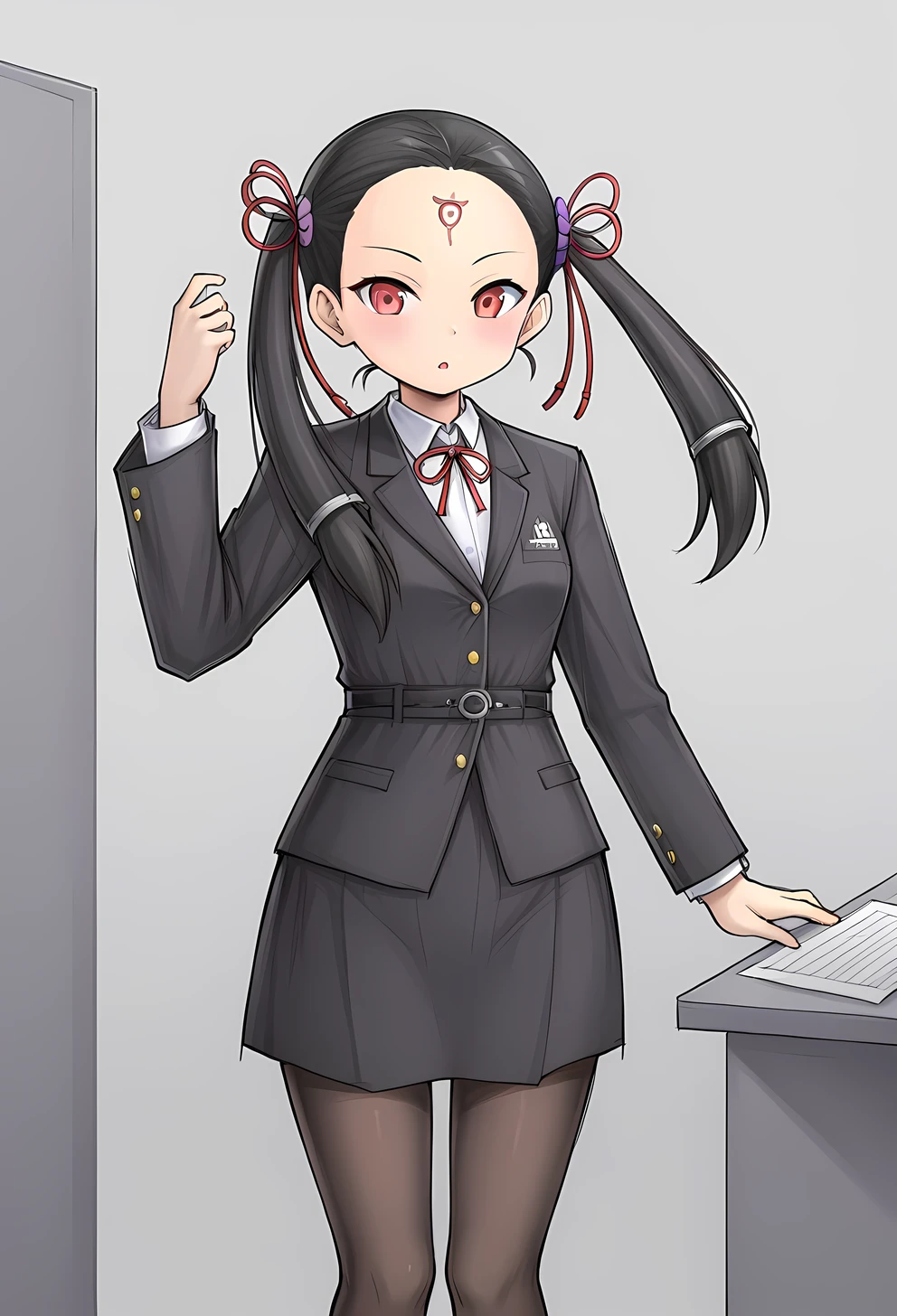 YGO, 1girl, himi, black hair, red eyes, twintails, hair ornament, forehead, office outfit,