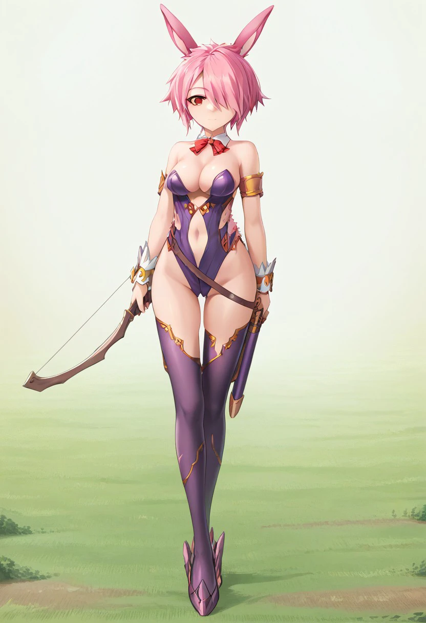 score_9, score_8_up, score_7_up,masterpiece, best quality, absurdres, extremely detailed,2d,source anime,1girl,pink hair,red eyes,purple suit,thighhighs,cleavage,short hair,hair over one eye, rabbit girl,rabbit ears,shoes