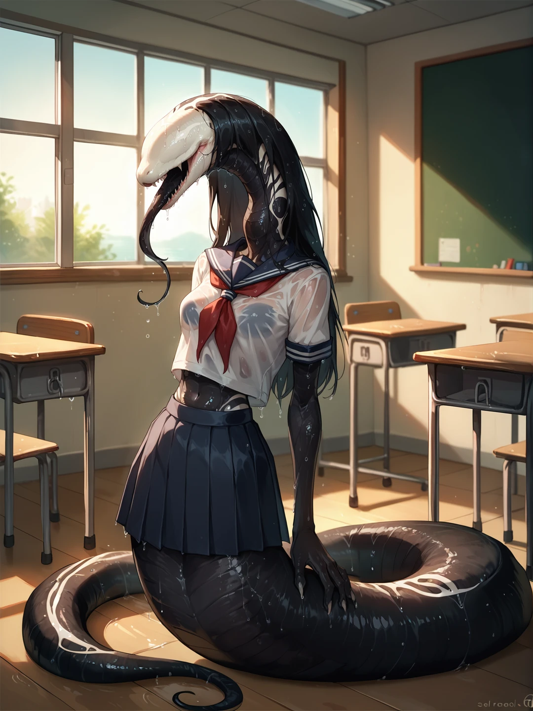 score_9, score_8_up, score_7_up, source_anime, highly detailed, classroom, 1girl, river goddess, monster girl, serpentine, school uniform, serafuku, pleated skirt, medium breasts, long hair, cute, slimy, wet, eyeless, black skin, white markings, <lora:River_Goddess_v2:1>