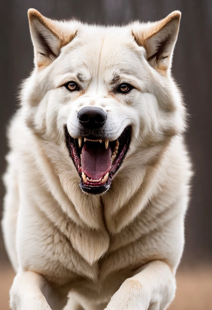 super realistic image ultra quality and super high resolution and sharp focus photorealistic style Alabai breed dog dynamic pose super aggressive behavior with protruding teeth attacking stance fighting wolf