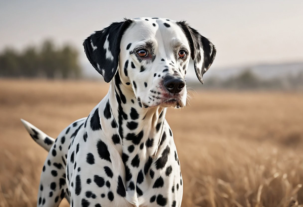 super realistic image ultra quality and super high resolution and sharp focus photorealistic style of Dalmatian breed dog dynamic pose,