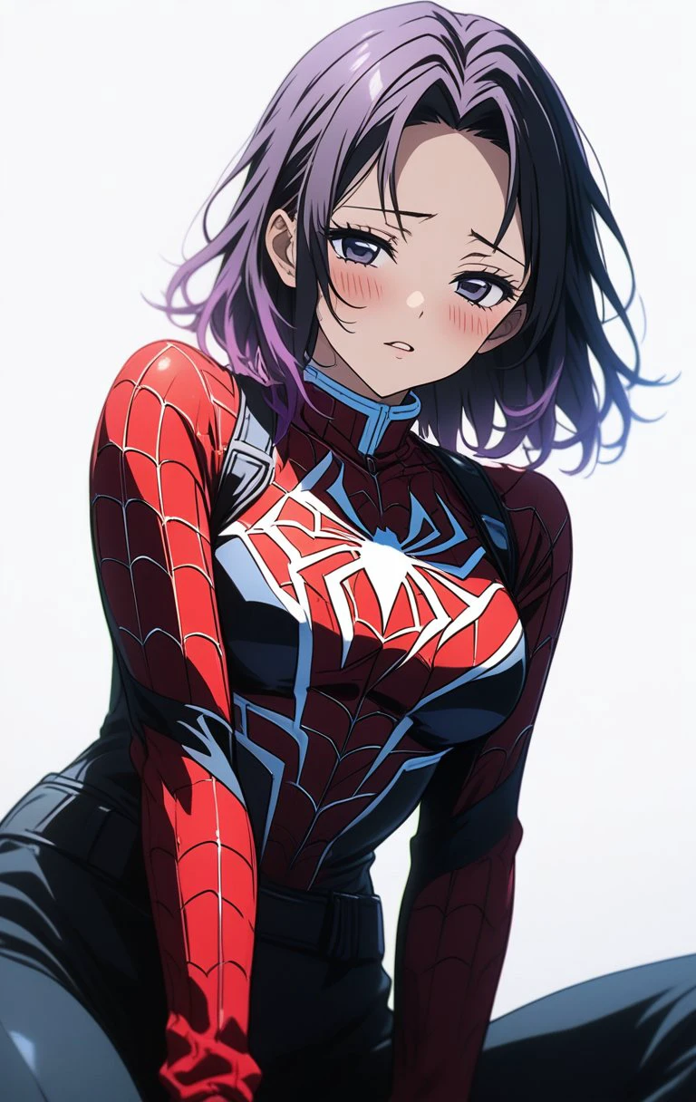 1girl,BREAK source_anime, Shinobu Kochou from Kimetsu no Yaiba , purple hair,
spiderman suit ,spiderman logo, seductive,gorgeous,stunning,simple background,white background,blush,high resolution textures,cinematic,extremely detailed  <lora:Spiderman_Suit:0.7>