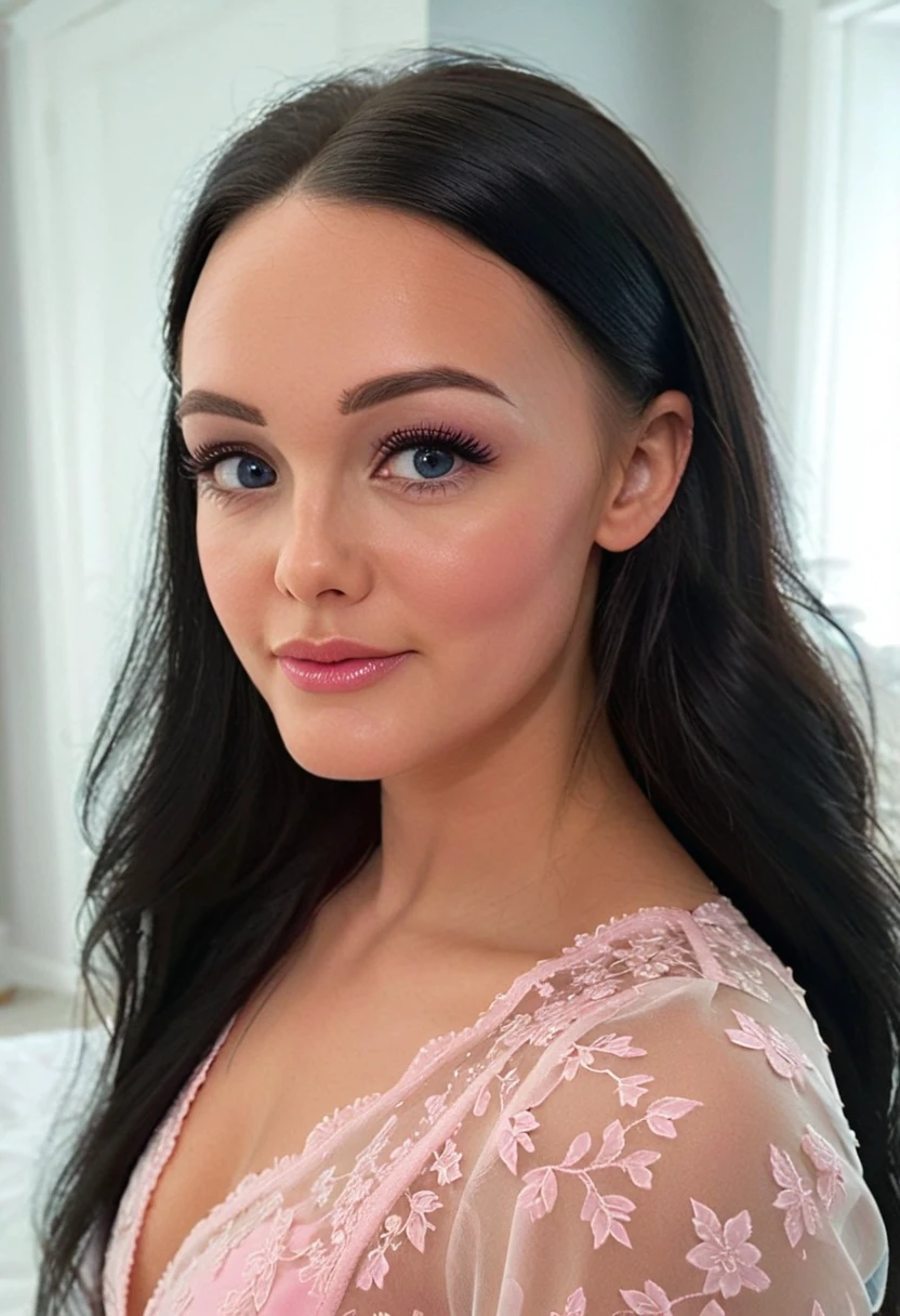 	1girl, wearing pink dress, smile, pink eyeshadow, eyeliner, makeup, long hair, black hair, blue eyes, bedroom, 8k, extremely detailed face