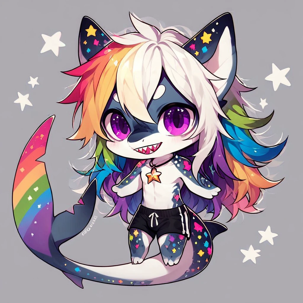 score_9, score_8_up, (Chibi:1.3), chibi furry,anthro, chibi anatomy, chibi body, male,solo,(shark:1.1), purple eyes, 1male. solo, slim, cute long tail, shark, teeth, (wears a dark star small necklace, translucent semi-transparent black swimming trunks:1.2), body color is white with (multicolored spots on the back, tail and fins and multicolored rainbow spots in the shape of stars:1.35), (Long hair in rainbow colors with white strands:1.4), clothing color is black with gold and silver accents, insane detailed, (on a light cute background with painted lifeboats and shells:1.2), high quality, detailed face