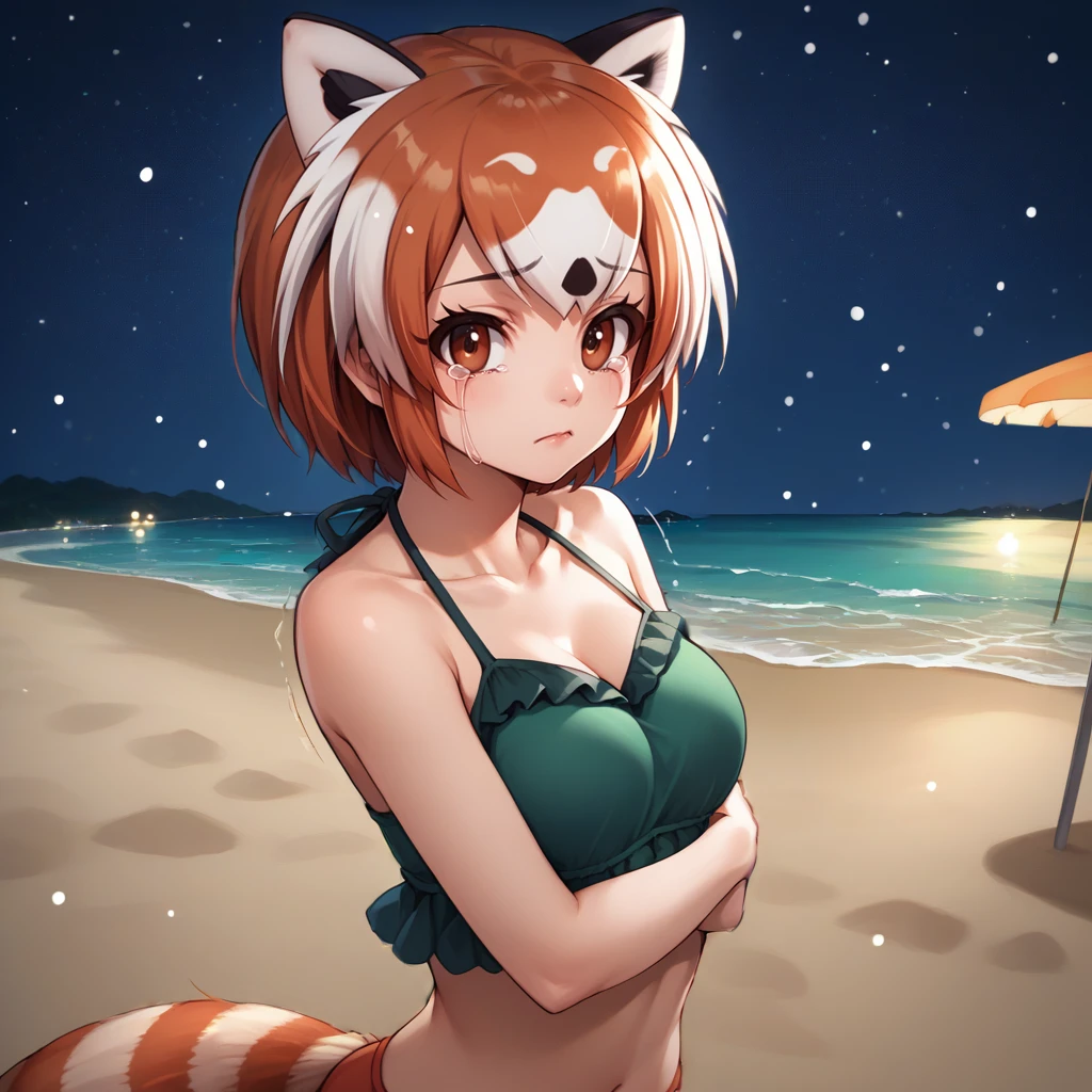 1girl,solo,<lora:rp:1>,red panda \(kemono friends\),red panda hair,red panda ears,brown eyes,red panda tail,green bikini,frilled bikini,
outdoors,beach,winter,snow,snowing,night,night sky,star \(sky\),
trembling,motion lines,looking at viewer,crying with eyes open,self hug,standing,cowboy shot,beachball,beach umbrella,sad,frown,, score_9, score_8_up, score_7_up, perfect anatomy, source_anime,