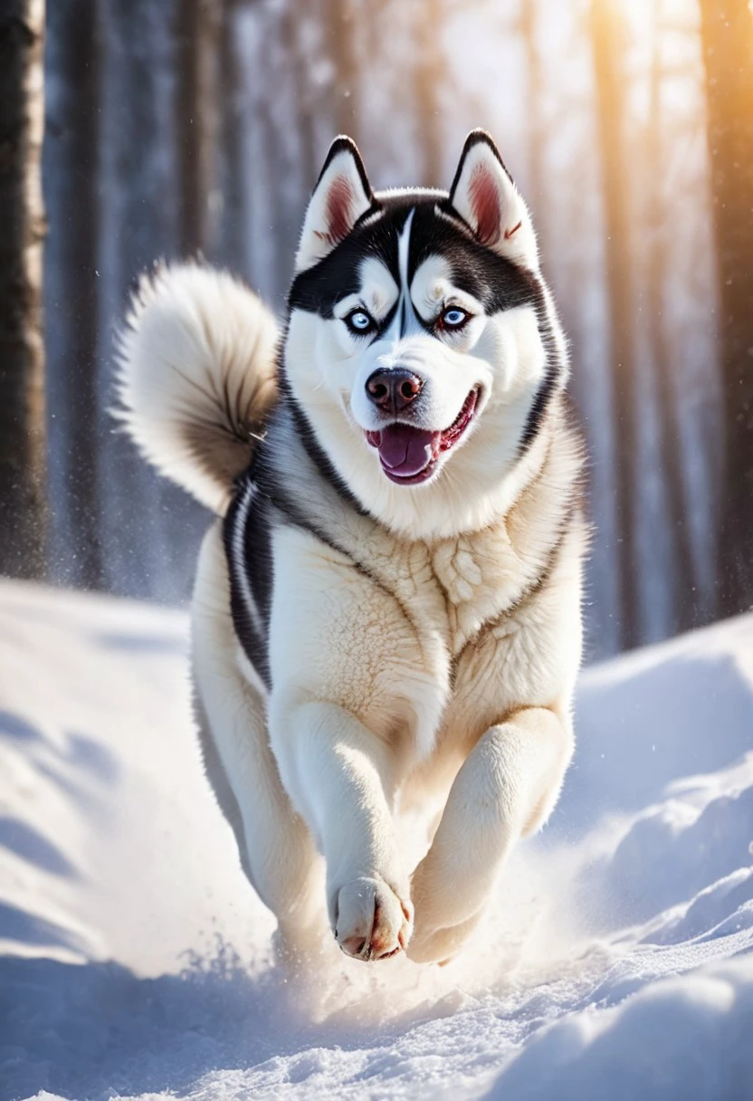 super realistic image ultra quality and super high resolution and sharp focus, photorealistic style of dog breed Siberian Husky dynamic pose, playing in deep snow