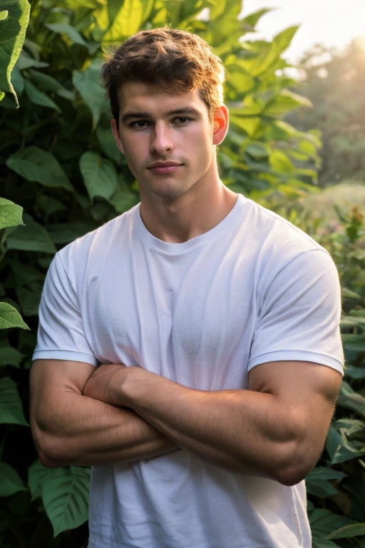 photograph of handsome guy, upper body, RAW, High resolution, highly detailed, white t-shirt, (look at viewer) natural light, morning, sunburnt, , <lora:more_details:0.4> (blurry background)  <lora:darelljones:0.7> darelljones, garden leaf behind, (Arms Crossed On Chest), (masterpiece,best quality:1.5)