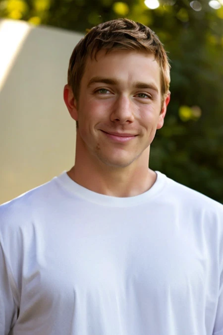 photograph of guy, upper body, , High resolution handsome guy, highly detailed, white t-shirt, (look at viewer) bokeh background, sunlight morning, sunburnt, detailed eyes, <lora:add_detail:0.5> , <lora:stevesandvoss:0.7> stevesandvoss, (smirking:0.3), blonde hair,