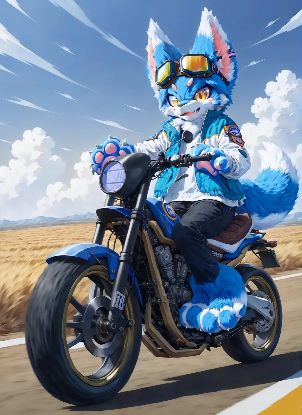 score_9,score_8_up,score_7_up,best quality,amazing quality,very aesthetic,absurdres,official art,intricate details,hyperdetailed,BRAKE,
(furry:1.05),solo,furry fox,furry male,blue and white fur,furry paws,wind jacket,black jeans,riding a motorcycle,holding a helmet,goggles,day,country road,furry ears,half fur suit,realistic,solo,full body,<lora:HalfFurSuitXLLora:0.85>,