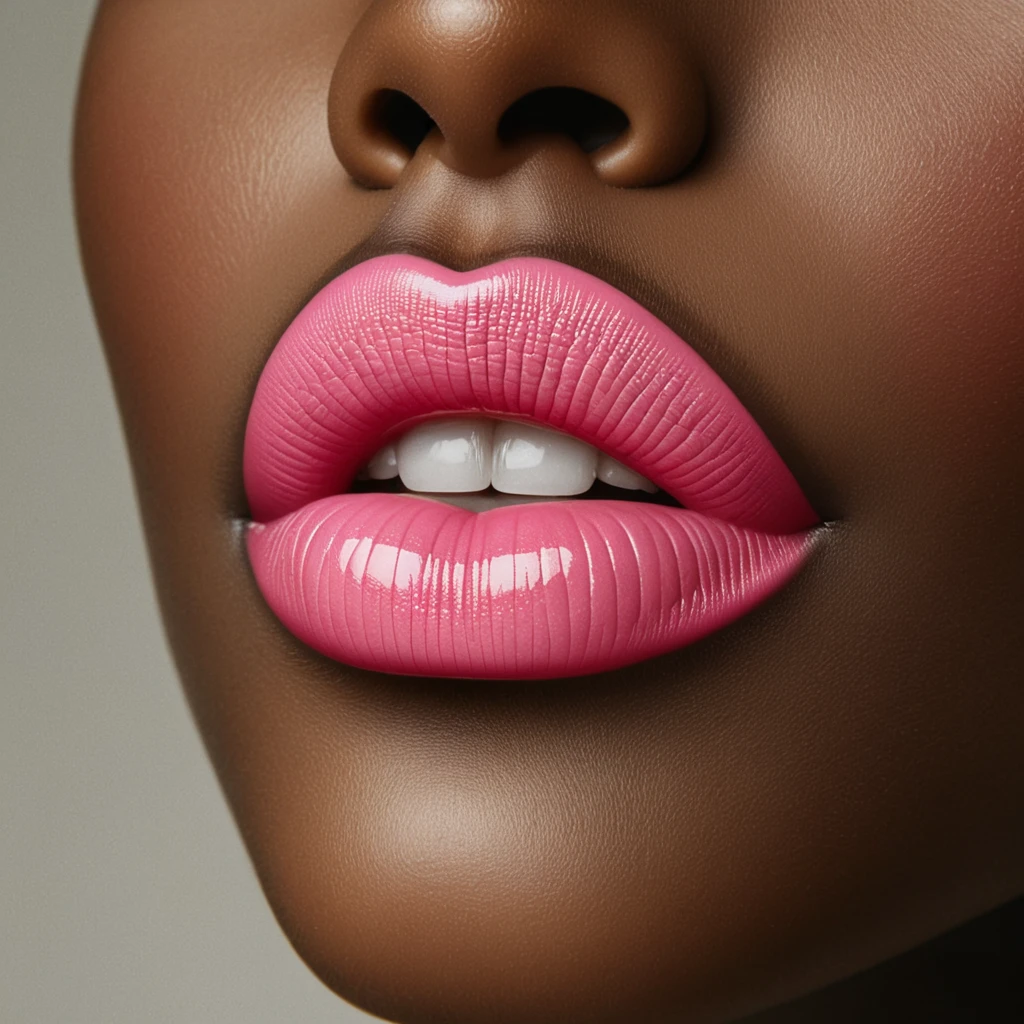 cinematic film still, close up, a mouth of a black woman with ((candy pink lipstick only on lips)), beautiful white shiny teeth, ((without beard, without moustache, no beard, no moustache)), high fashion editorial, amazing quality, wallpaper, perfect face skin, photo, realistic, photorealism, hyperrealist, full and well-defined lips, glossy finish, luxurious and glamorous appearance, simple and neutral background